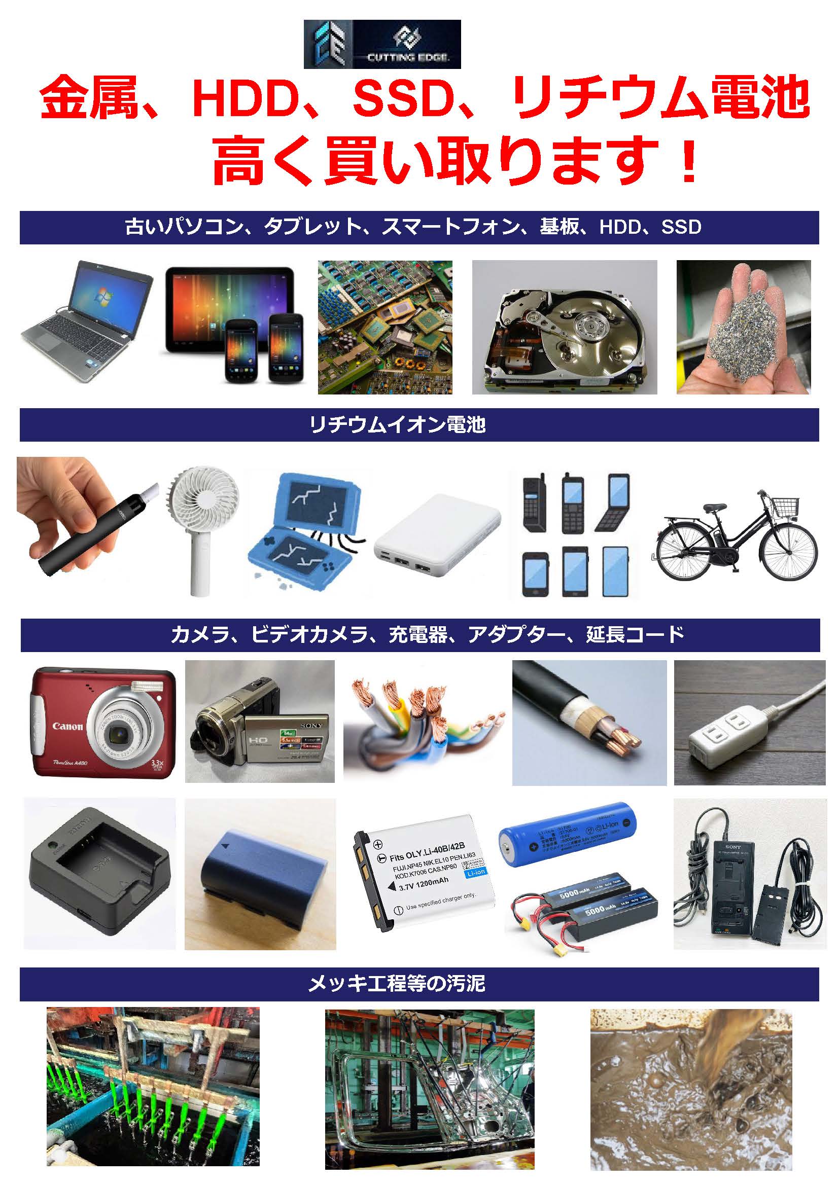 カッティングエッジ 金属、HDD、SSD、リチウムイオン電池高価買取サービス